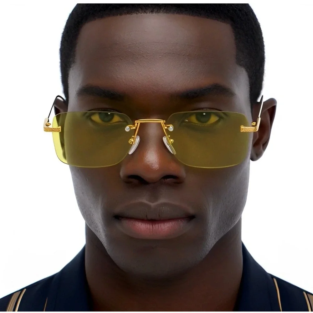 Mens Gold Rimless Rectangular Sunglasses Yellow Tinted Lens Retro Streetwear New